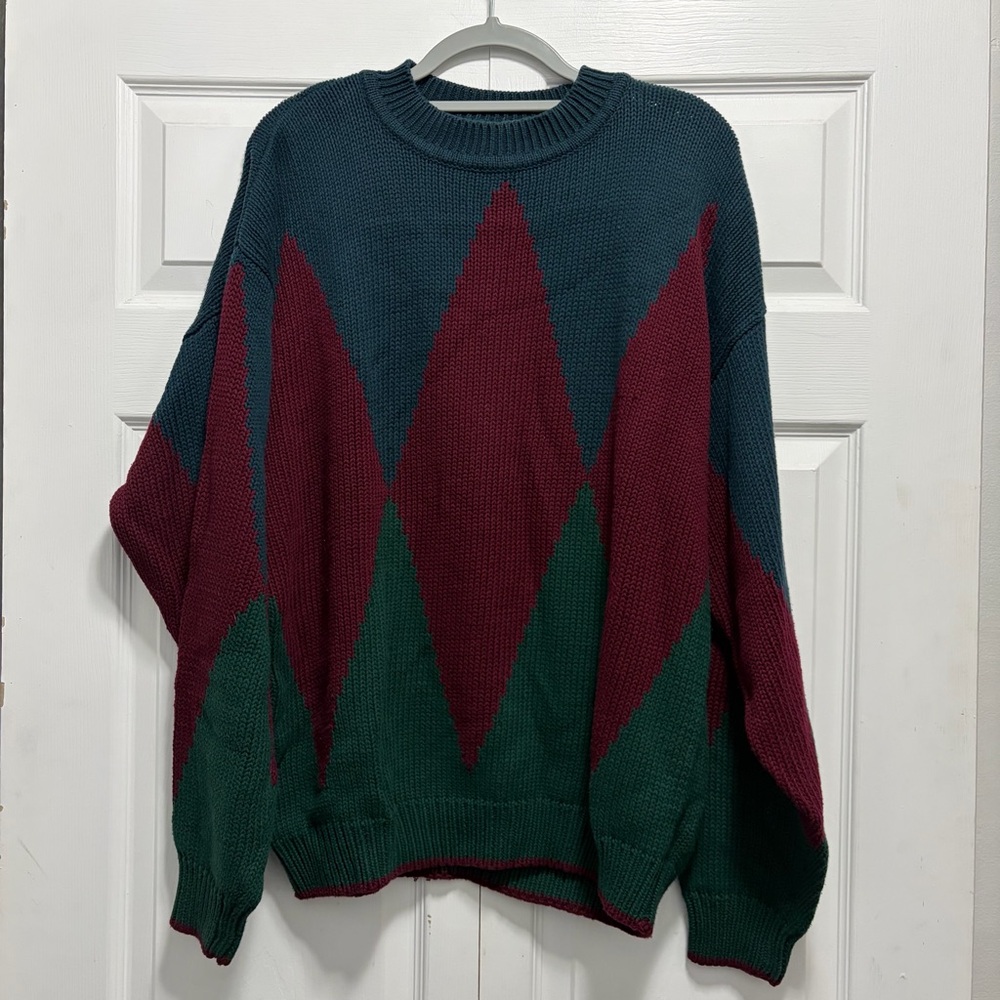 VINTAGE BASIX Men's Geometric Crewneck Sweater - Burgundy and Teal 90s grandpa
